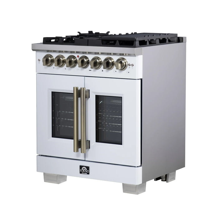 Forno Capriasca 30-Inch Freestanding French Door Dual Fuel Range in White with Antique Brass Handle (FFSGS6387-30WHT)