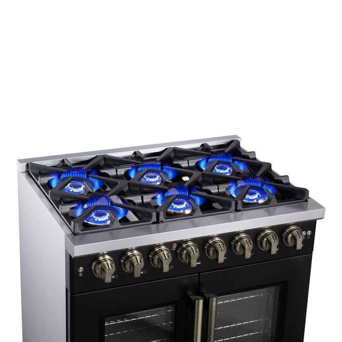 Forno Capriasca 36-Inch Freestanding French Door Dual Fuel Range in Black with Antique Brass Handle (FFSGS6387-36BLK)