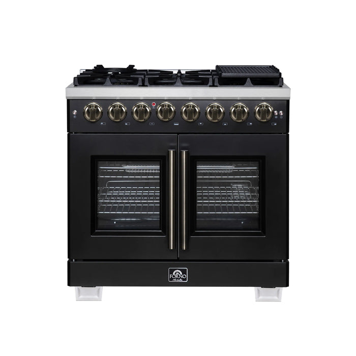 Forno Capriasca 36-Inch Freestanding French Door Dual Fuel Range in Black with Antique Brass Handle (FFSGS6387-36BLK)