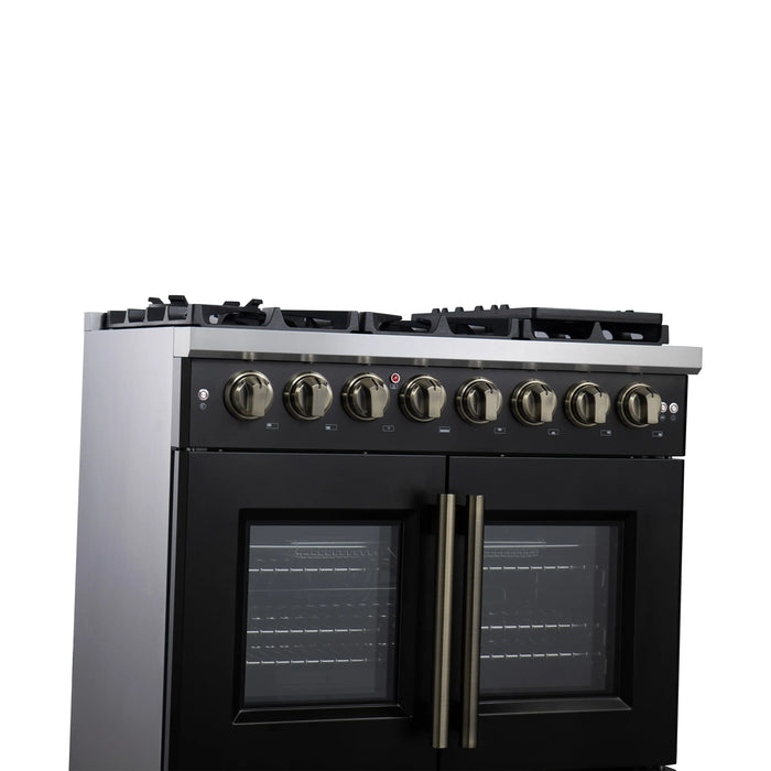 Forno Capriasca 36-Inch Freestanding French Door Dual Fuel Range in Black with Antique Brass Handle (FFSGS6387-36BLK)