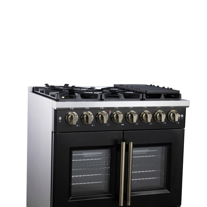 Forno Capriasca 36-Inch Freestanding French Door Dual Fuel Range in Black with Antique Brass Handle (FFSGS6387-36BLK)
