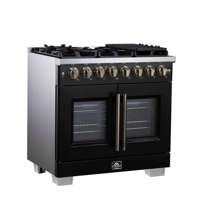 Forno Capriasca 36-Inch Freestanding French Door Dual Fuel Range in Black with Antique Brass Handle (FFSGS6387-36BLK)
