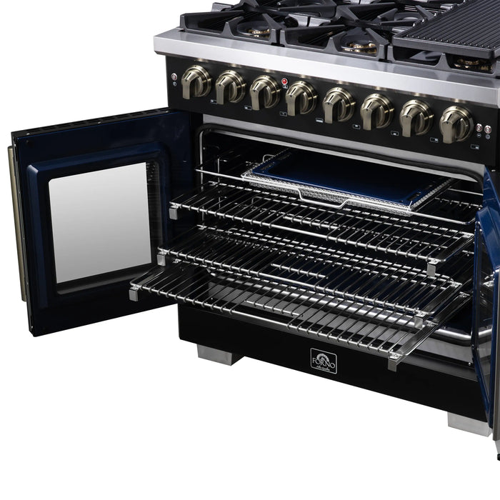 Forno Capriasca 36-Inch Freestanding French Door Dual Fuel Range in Black with Antique Brass Handle (FFSGS6387-36BLK)