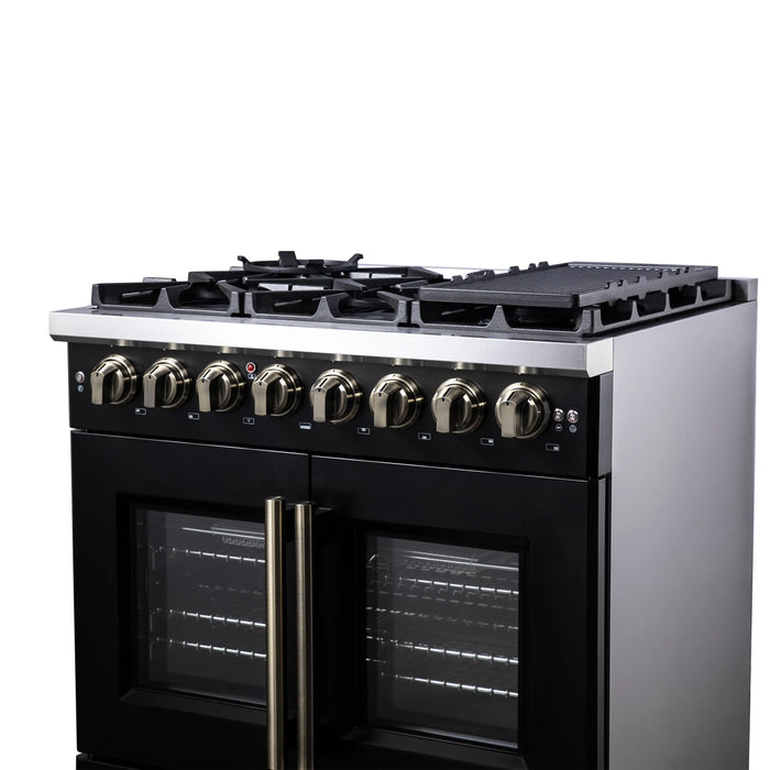 Forno Capriasca 36-Inch Freestanding French Door Dual Fuel Range in Black with Antique Brass Handle (FFSGS6387-36BLK)