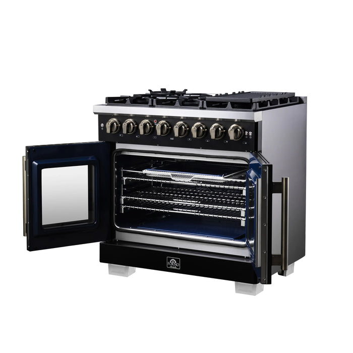 Forno Capriasca 36-Inch Freestanding French Door Dual Fuel Range in Black with Antique Brass Handle (FFSGS6387-36BLK)
