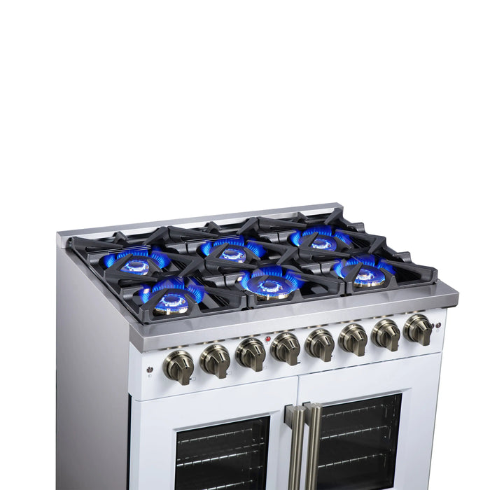 Forno Capriasca 36-Inch Freestanding French Door Dual Fuel Range in White with Antique Brass Handle (FFSGS6387-36WHT)