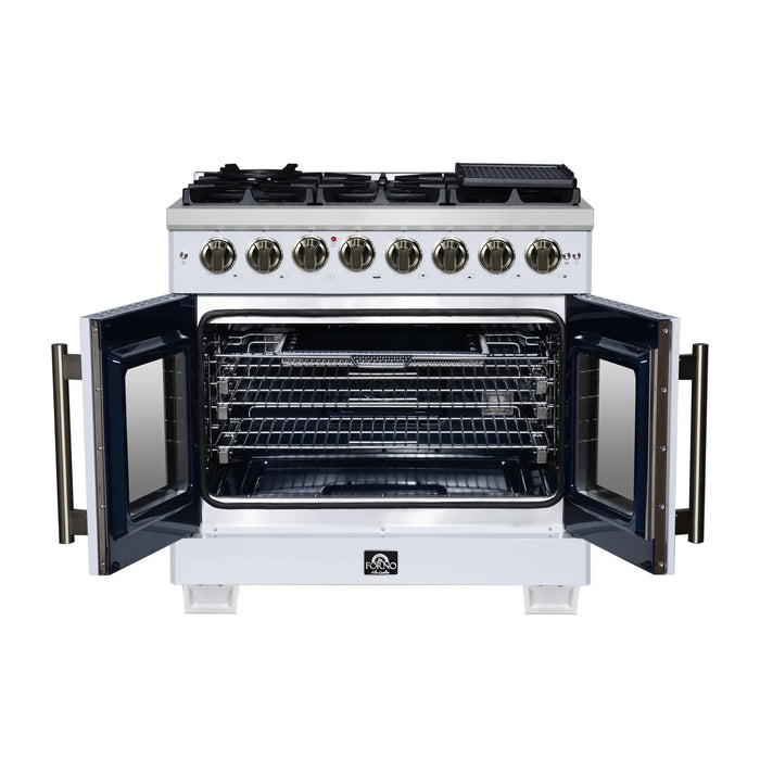 Forno Capriasca 36-Inch Freestanding French Door Dual Fuel Range in White with Antique Brass Handle (FFSGS6387-36WHT)
