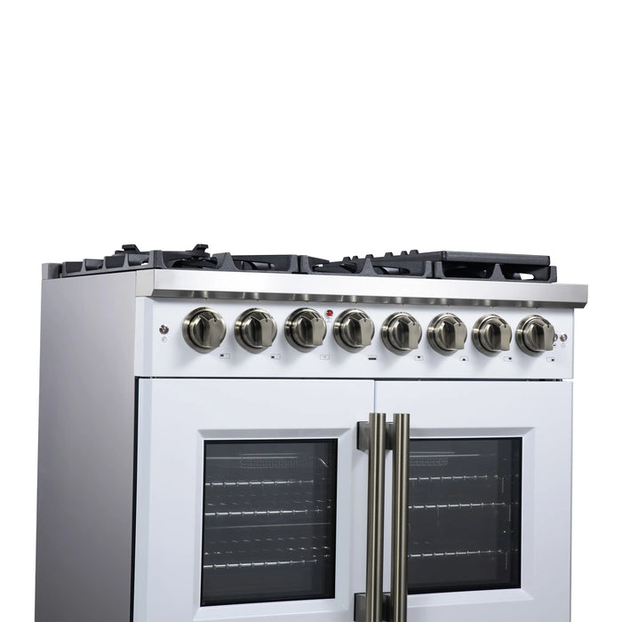 Forno Capriasca 36-Inch Freestanding French Door Dual Fuel Range in White with Antique Brass Handle (FFSGS6387-36WHT)