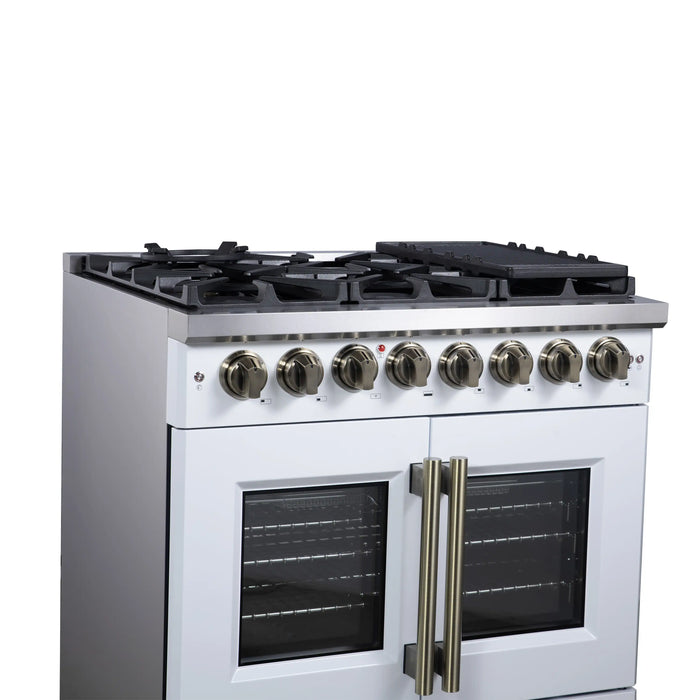 Forno Capriasca 36-Inch Freestanding French Door Dual Fuel Range in White with Antique Brass Handle (FFSGS6387-36WHT)