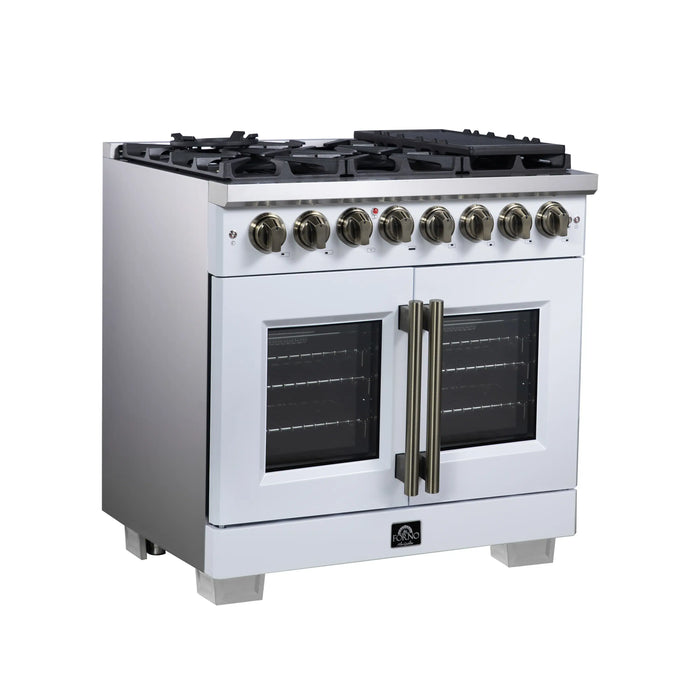 Forno Capriasca 36-Inch Freestanding French Door Dual Fuel Range in White with Antique Brass Handle (FFSGS6387-36WHT)
