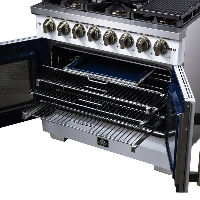 Forno Capriasca 36-Inch Freestanding French Door Dual Fuel Range in White with Antique Brass Handle (FFSGS6387-36WHT)