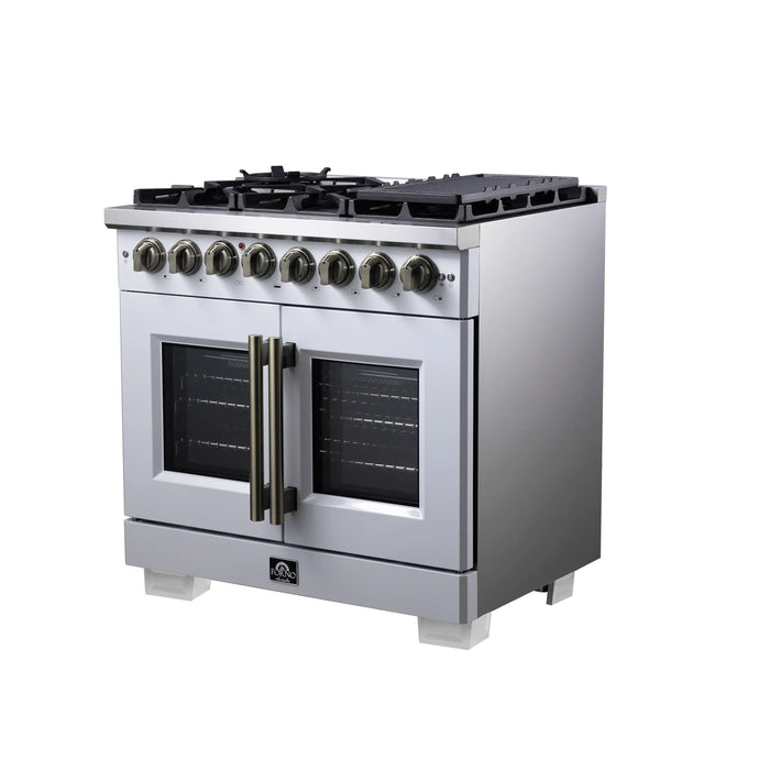 Forno Capriasca 36-Inch Freestanding French Door Dual Fuel Range in White with Antique Brass Handle (FFSGS6387-36WHT)