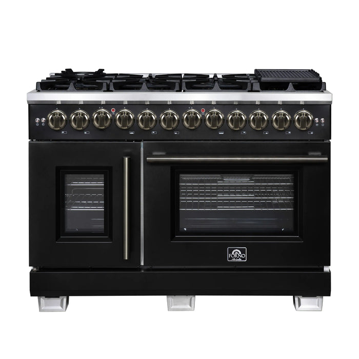 Forno Capriasca 48-Inch Freestanding French Door Dual Fuel Range in Black with Antique Brass Handle (FFSGS6387-48BLK)