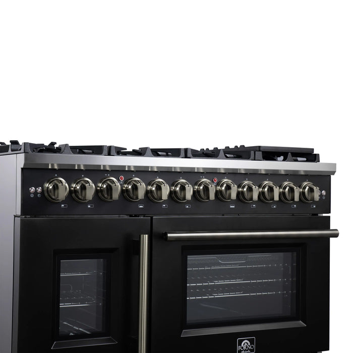 Forno Capriasca 48-Inch Freestanding French Door Dual Fuel Range in Black with Antique Brass Handle (FFSGS6387-48BLK)
