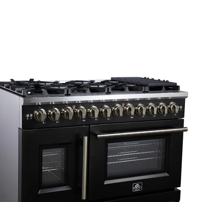 Forno Capriasca 48-Inch Freestanding French Door Dual Fuel Range in Black with Antique Brass Handle (FFSGS6387-48BLK)