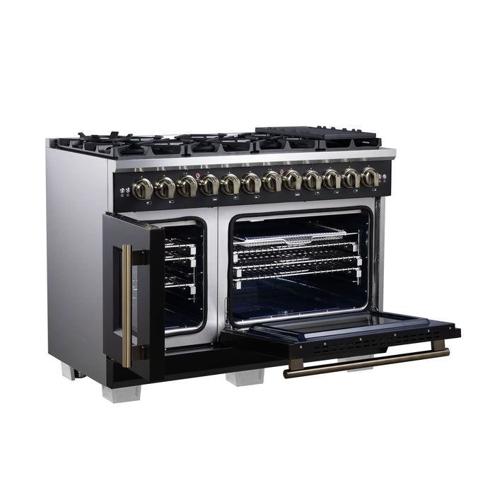 Forno Capriasca 48-Inch Freestanding French Door Dual Fuel Range in Black with Antique Brass Handle (FFSGS6387-48BLK)