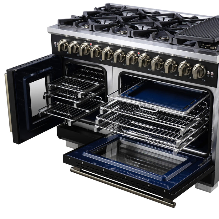 Forno Capriasca 48-Inch Freestanding French Door Dual Fuel Range in Black with Antique Brass Handle (FFSGS6387-48BLK)