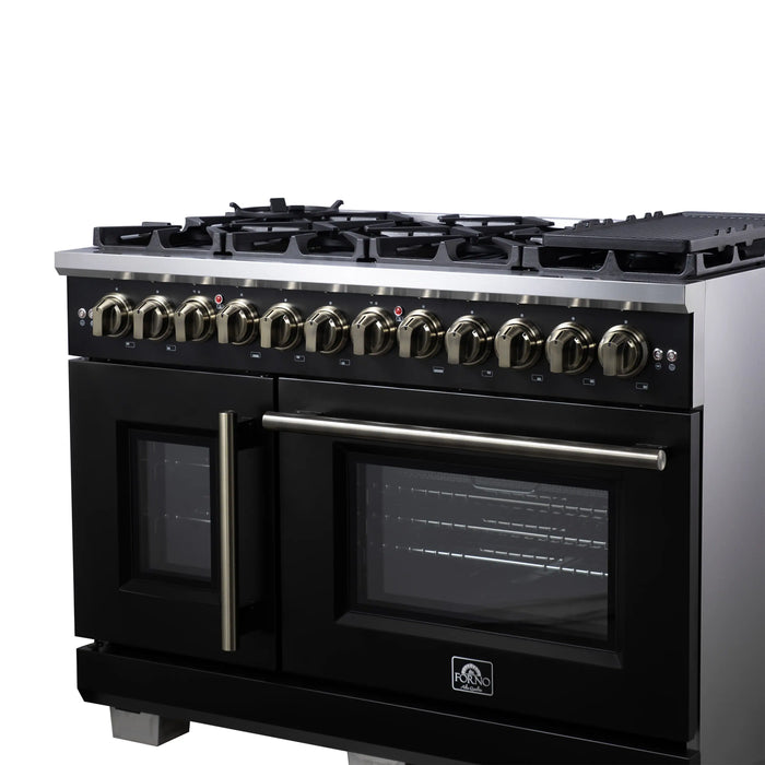 Forno Capriasca 48-Inch Freestanding French Door Dual Fuel Range in Black with Antique Brass Handle (FFSGS6387-48BLK)