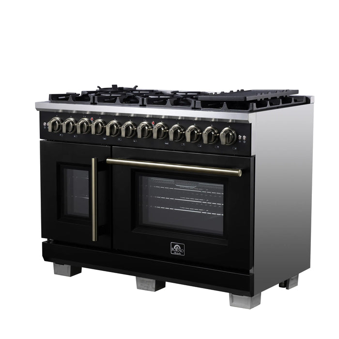 Forno Capriasca 48-Inch Freestanding French Door Dual Fuel Range in Black with Antique Brass Handle (FFSGS6387-48BLK)