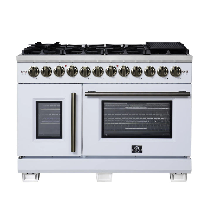 Forno Capriasca 48-Inch Freestanding French Door Dual Fuel Range in White with Antique Brass Handle (FFSGS6387-48WHT)