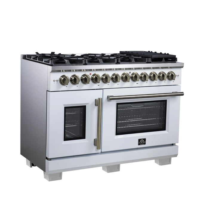 Forno Capriasca 48-Inch Freestanding French Door Dual Fuel Range in White with Antique Brass Handle (FFSGS6387-48WHT)