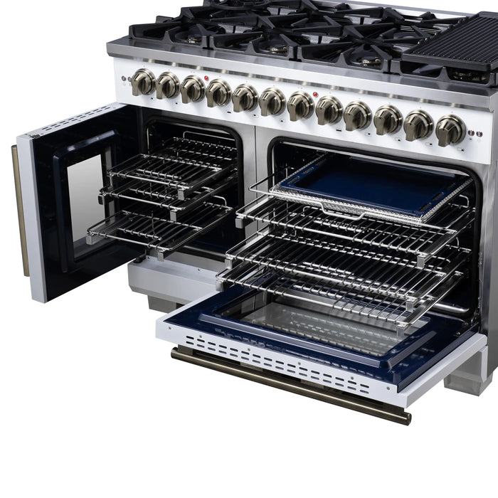 Forno Capriasca 48-Inch Freestanding French Door Dual Fuel Range in White with Antique Brass Handle (FFSGS6387-48WHT)