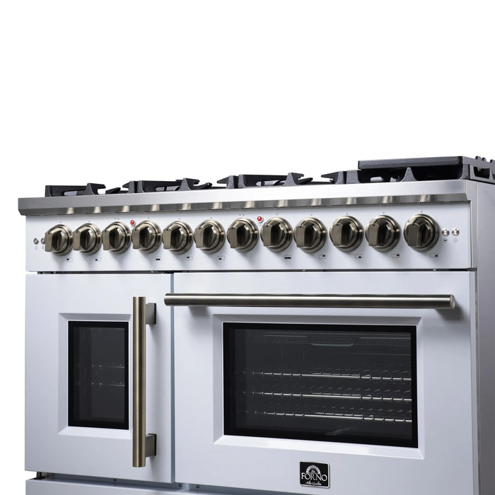 Forno Capriasca 48-Inch Freestanding French Door Dual Fuel Range in White with Antique Brass Handle (FFSGS6387-48WHT)