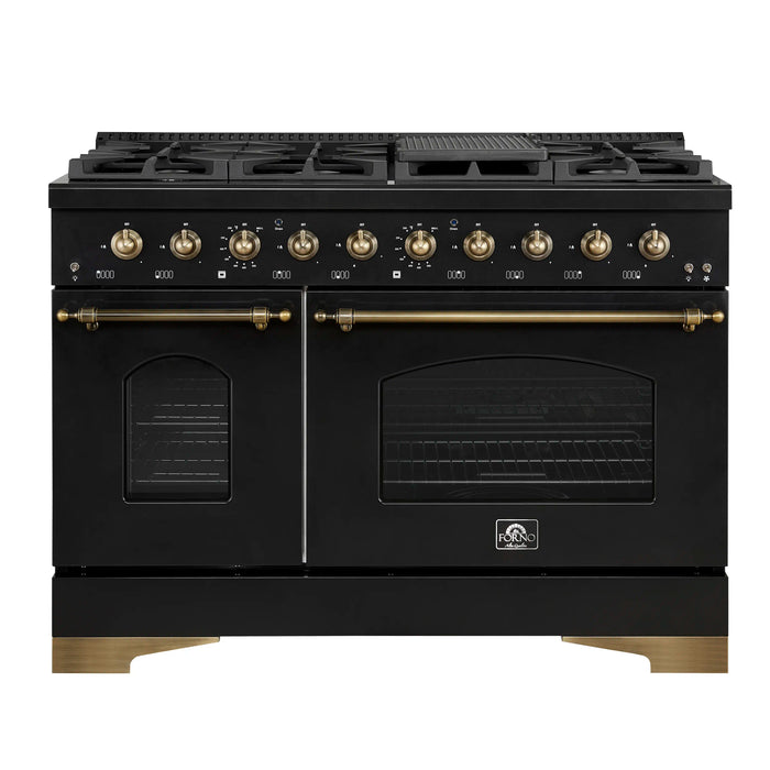 Forno Antico 48-inch Dual Fuel Range with 8 Gas Burner Cooktop and 5.5 Cu.Ft. Electric Convection Oven in Black with Antique Brass Trim (FFSGS6113-48BLK)