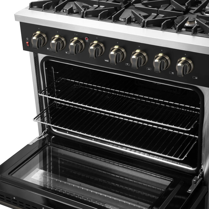 Forno Galiano 36-Inch Dual Fuel Range with 6 Gas Burners and 5.36 Cu.Ft. Electric Convection Oven in Black with Antique Brass Trim (FFSGS6156-36BLK)