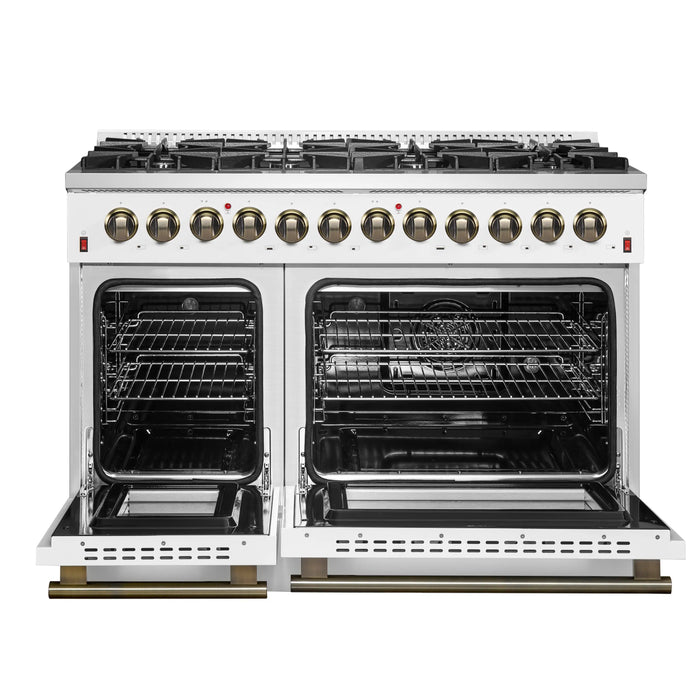 Forno Galiano 48-Inch Dual Fuel Range with 8 Burners and 6.58 Cu.Ft. Electric Convection Oven in White with Antique Brass Trim (FFSGS6156-48WHT)