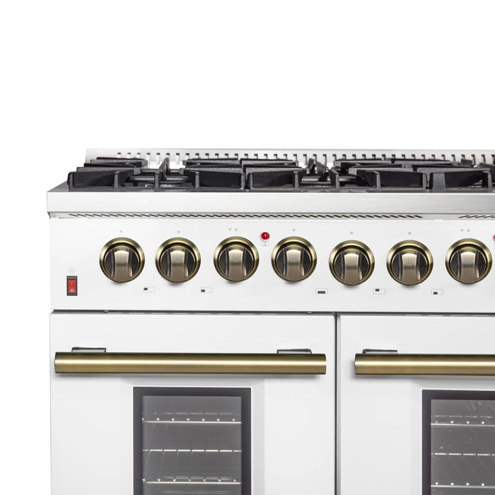 Forno Galiano 48-Inch Dual Fuel Range with 8 Burners and 6.58 Cu.Ft. Electric Convection Oven in White with Antique Brass Trim (FFSGS6156-48WHT)