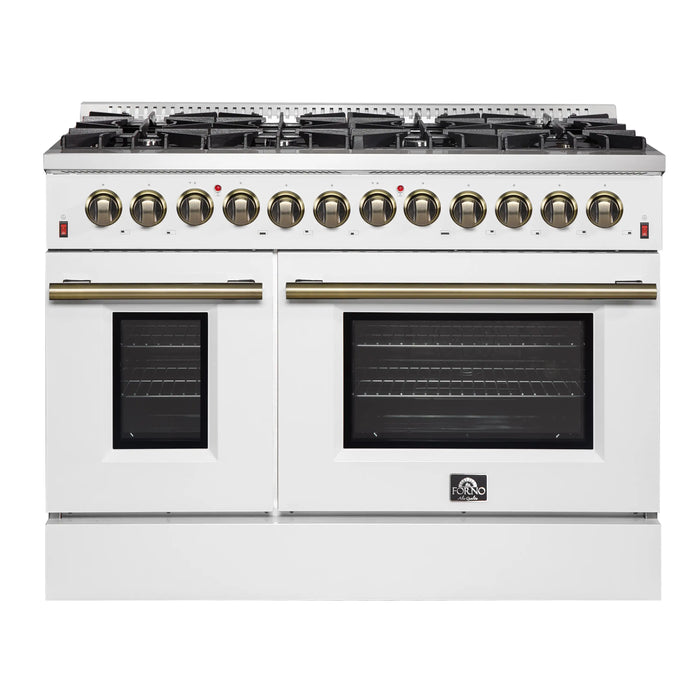 Forno Galiano 48-Inch Dual Fuel Range with 8 Burners and 6.58 Cu.Ft. Electric Convection Oven in White with Antique Brass Trim (FFSGS6156-48WHT)