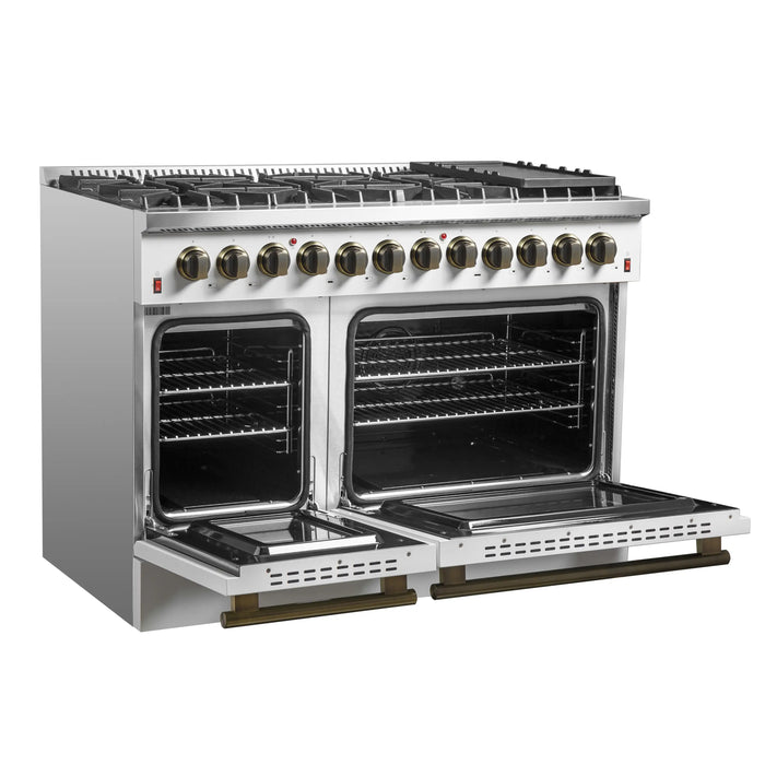 Forno Galiano 48-Inch Dual Fuel Range with 8 Burners and 6.58 Cu.Ft. Electric Convection Oven in White with Antique Brass Trim (FFSGS6156-48WHT)