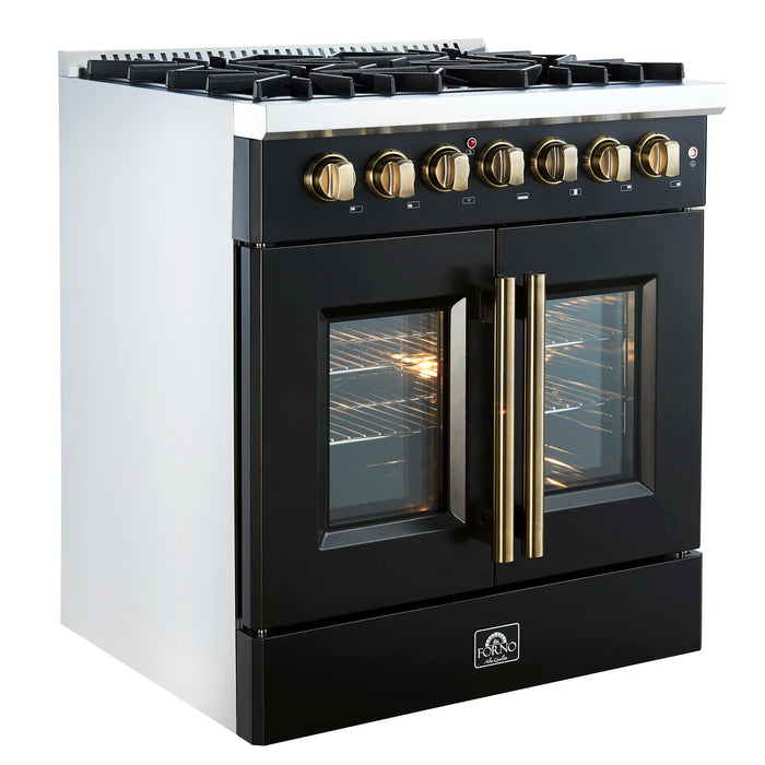 Forno Galiano 30-Inch French Door Dual Fuel Range with 5 Gas Burners and 4.32 Cu.Ft. Electric Convection Oven in Black with Antique Brass Trim (FFSGS6356-30BLK)