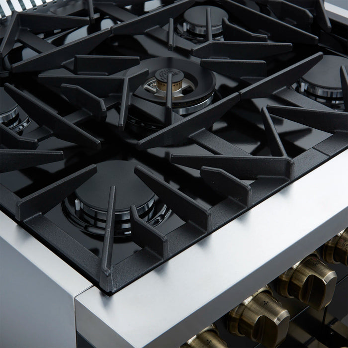 Forno Galiano 30-Inch French Door Dual Fuel Range with 5 Gas Burners and 4.32 Cu.Ft. Electric Convection Oven in Black with Antique Brass Trim (FFSGS6356-30BLK)