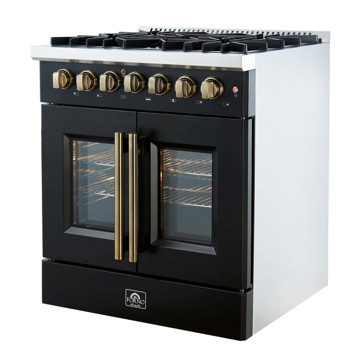 Forno Galiano 30-Inch French Door Dual Fuel Range with 5 Gas Burners and 4.32 Cu.Ft. Electric Convection Oven in Black with Antique Brass Trim (FFSGS6356-30BLK)