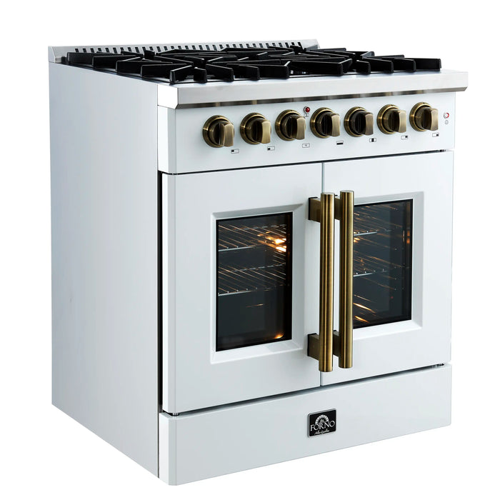 Forno Galiano 30-Inch French Door Dual Fuel Range with 5 Gas Burners and 4.32 Cu.Ft. Electric Convection Oven in White with Antique Brass Trim (FFSGS6356-30WHT)