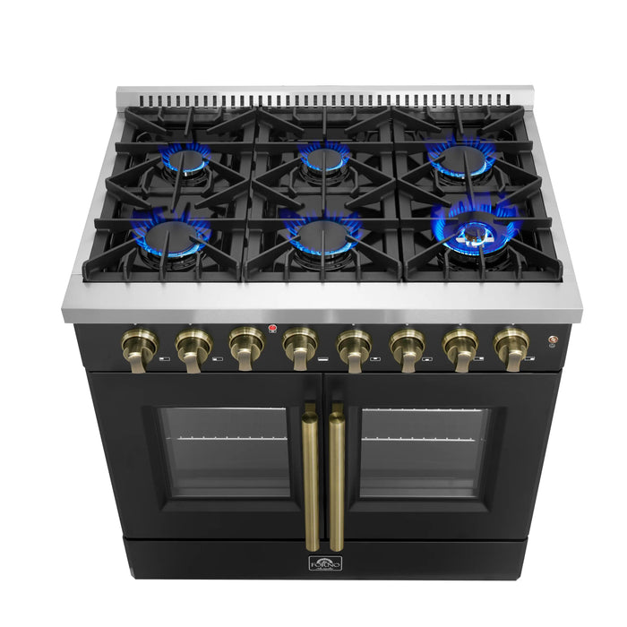 Forno Galiano 36-Inch French Door Dual Fuel Range with 6 Gas Burners and 5.36 Cu.Ft. Electric Convection Oven in Black with Antique Brass Trim (FFSGS6356-36BLK)