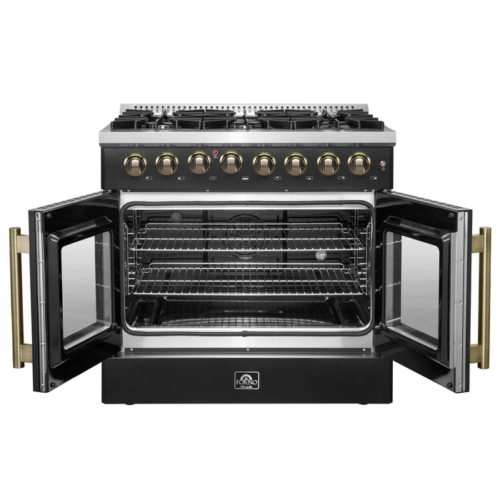 Forno Galiano 36-Inch French Door Dual Fuel Range with 6 Gas Burners and 5.36 Cu.Ft. Electric Convection Oven in Black with Antique Brass Trim (FFSGS6356-36BLK)