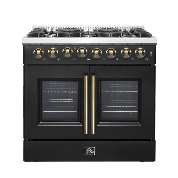 Forno Galiano 36-Inch French Door Dual Fuel Range with 6 Gas Burners and 5.36 Cu.Ft. Electric Convection Oven in Black with Antique Brass Trim (FFSGS6356-36BLK)