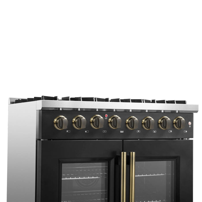 Forno Galiano 36-Inch French Door Dual Fuel Range with 6 Gas Burners and 5.36 Cu.Ft. Electric Convection Oven in Black with Antique Brass Trim (FFSGS6356-36BLK)
