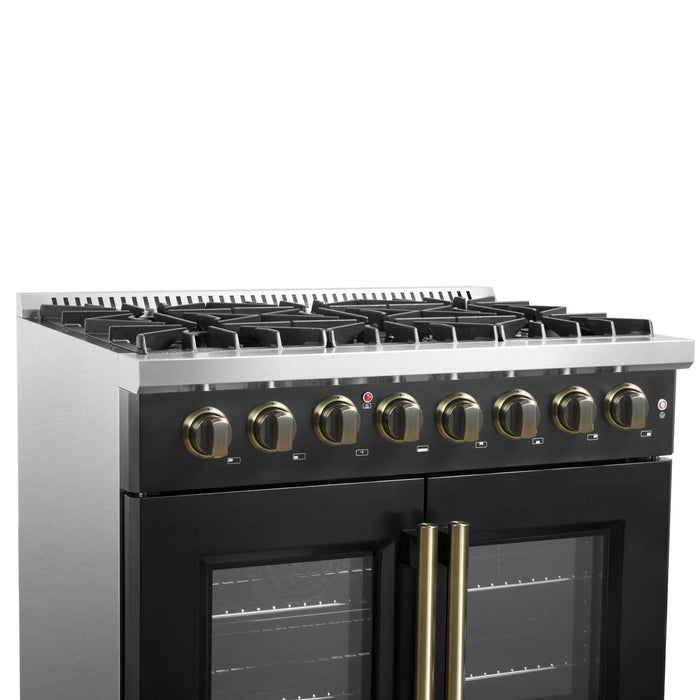 Forno Galiano 36-Inch French Door Dual Fuel Range with 6 Gas Burners and 5.36 Cu.Ft. Electric Convection Oven in Black with Antique Brass Trim (FFSGS6356-36BLK)