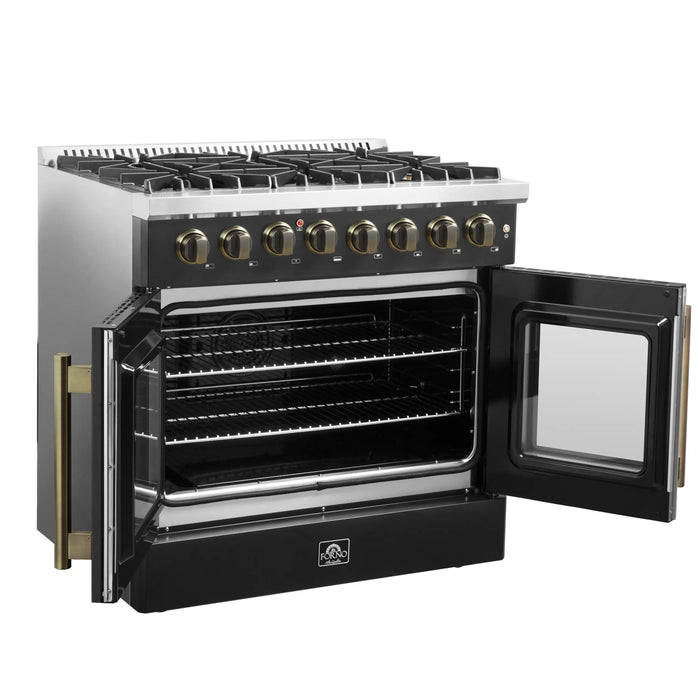 Forno Galiano 36-Inch French Door Dual Fuel Range with 6 Gas Burners and 5.36 Cu.Ft. Electric Convection Oven in Black with Antique Brass Trim (FFSGS6356-36BLK)