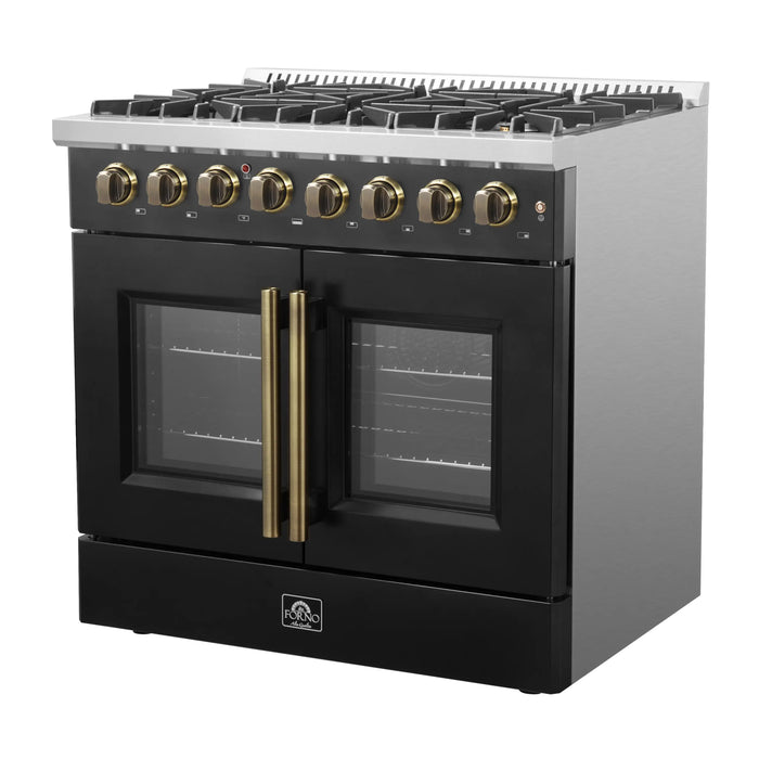 Forno Galiano 36-Inch French Door Dual Fuel Range with 6 Gas Burners and 5.36 Cu.Ft. Electric Convection Oven in Black with Antique Brass Trim (FFSGS6356-36BLK)