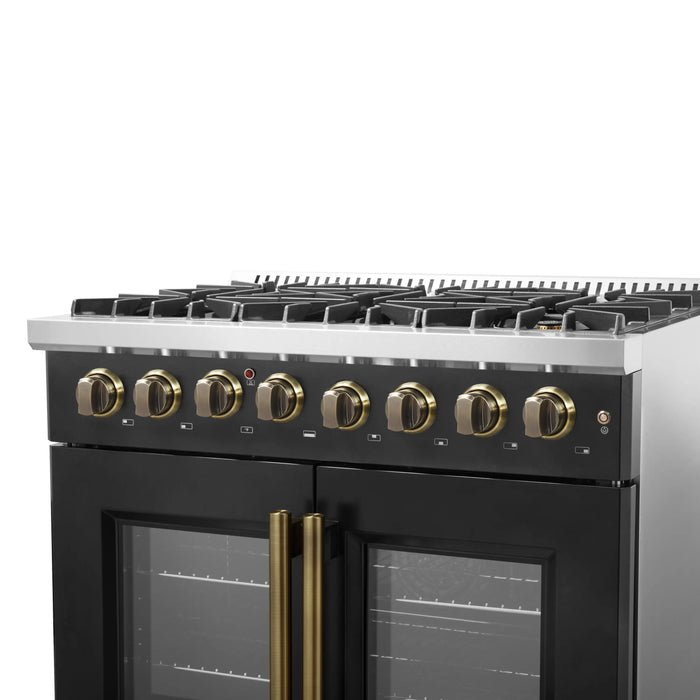 Forno Galiano 36-Inch French Door Dual Fuel Range with 6 Gas Burners and 5.36 Cu.Ft. Electric Convection Oven in Black with Antique Brass Trim (FFSGS6356-36BLK)