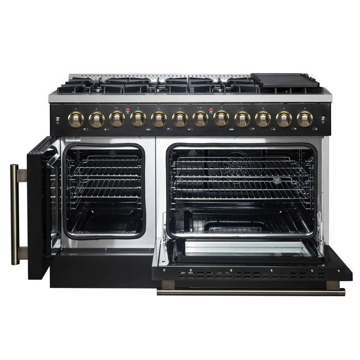 Forno Galiano 48-Inch French Door Dual Fuel Range with 8 Burners and 6.58 Cu. Ft. Electric Convection Oven in Black with Antique Brass Trim (FFSGS6356-48BLK)