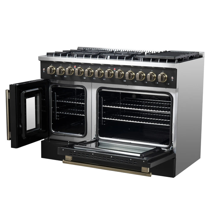 Forno Galiano 48-Inch French Door Dual Fuel Range with 8 Burners and 6.58 Cu. Ft. Electric Convection Oven in Black with Antique Brass Trim (FFSGS6356-48BLK)
