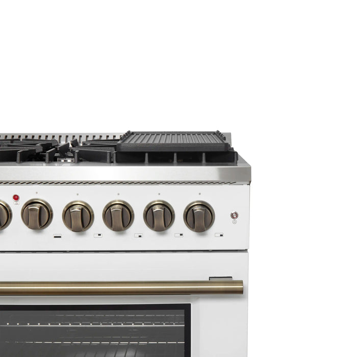 Forno Galiano 48-Inch French Door Dual Fuel Range with 8 Burners and 6.58 Cu. Ft. Electric Convection Oven in White with Antique Brass Handle (FFSGS6356-48WHT)