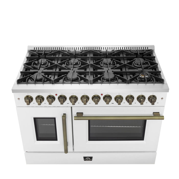 Forno Galiano 48-Inch French Door Dual Fuel Range with 8 Burners and 6.58 Cu. Ft. Electric Convection Oven in White with Antique Brass Handle (FFSGS6356-48WHT)