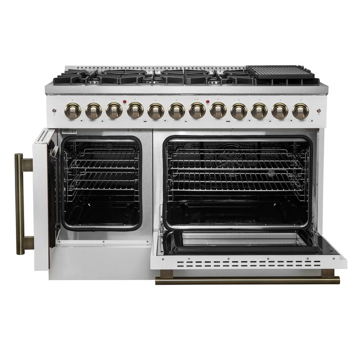 Forno Galiano 48-Inch French Door Dual Fuel Range with 8 Burners and 6.58 Cu. Ft. Electric Convection Oven in White with Antique Brass Handle (FFSGS6356-48WHT)